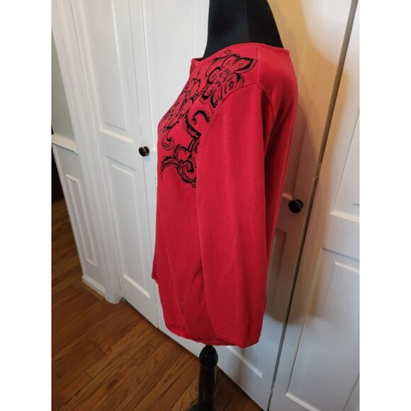 Red/Black Sweater Velvet Flocking Beaded Alfred Dunner M Christmas Festive Glam - Picture 6 of 7